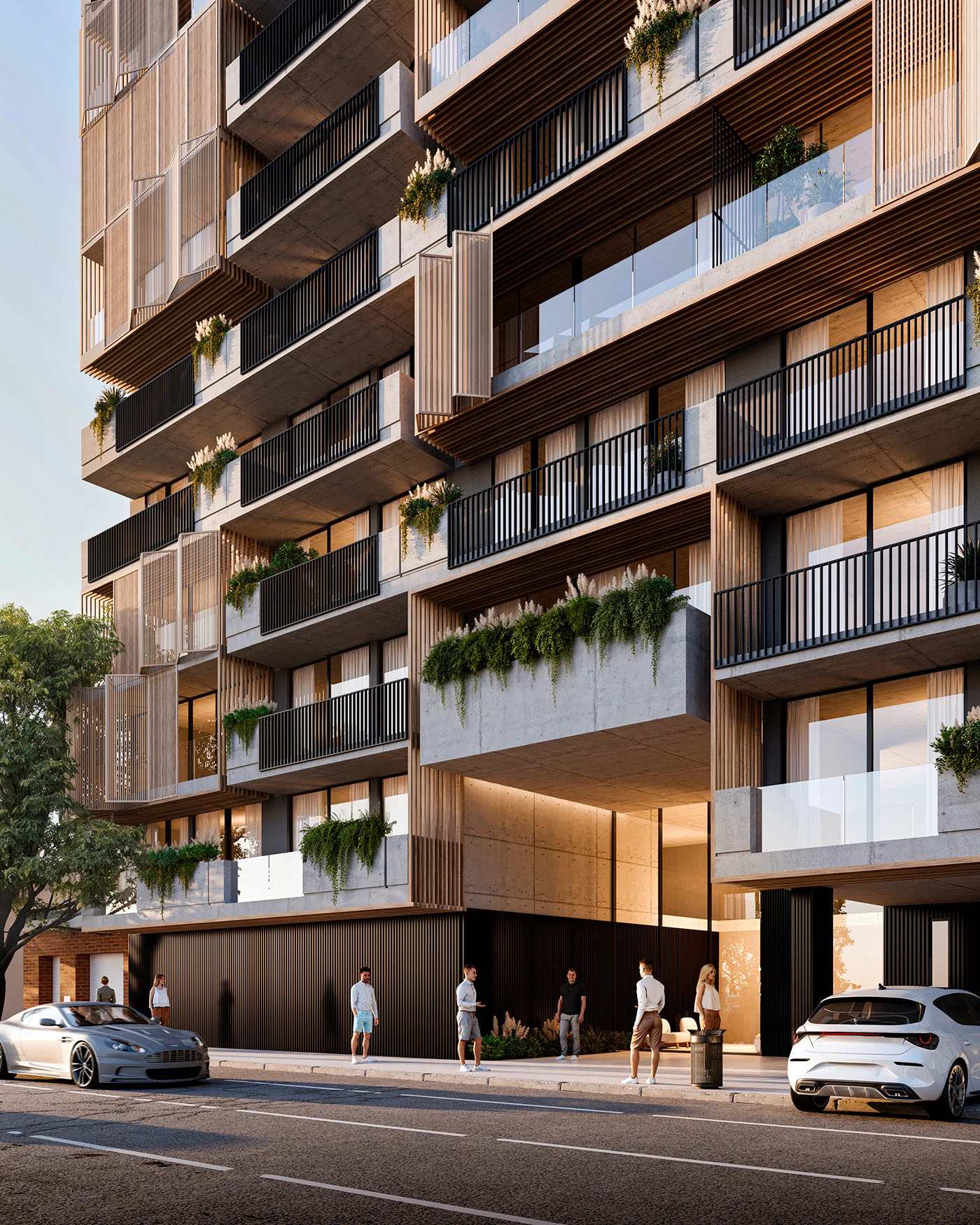 Fachada de un moderno edificio residencial de apartamentos, con balcones y detalles en madera.