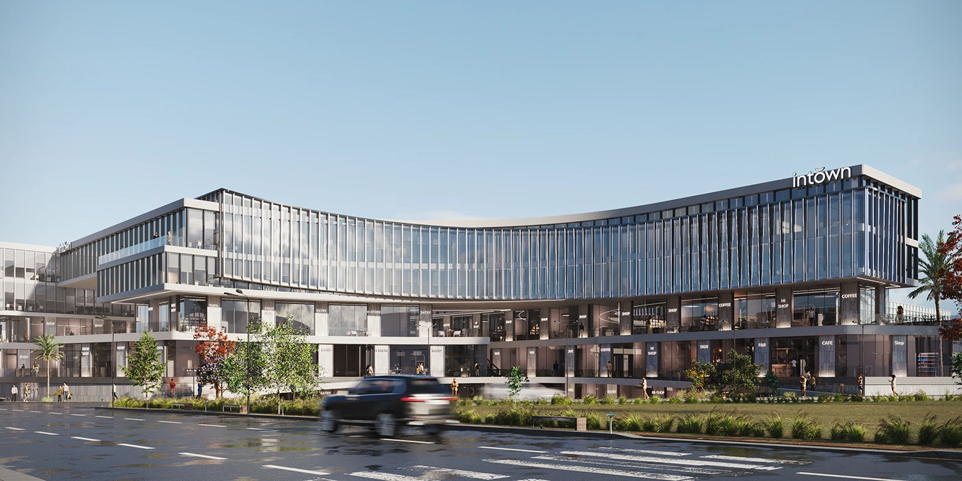 Edificio comercial moderno y curvo con tiendas, oficinas y un diseño innovador.